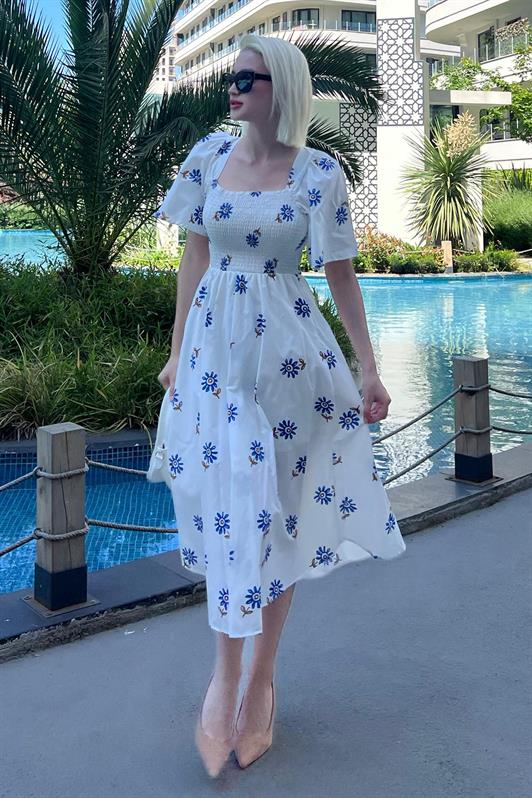 MDX Blue Patterned Elastic Waist Midi Dress - MG2101 - Southampton