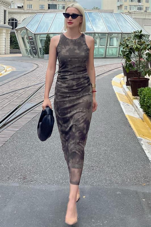 MDX Haki Patterned Mesh High Neck Maxi Dress MG2097 - Anchorage
