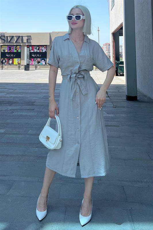 MDX Painted Gray Shirt Collar Pocket Detailed Buttoned Long Dress MG2083 - Kankakee