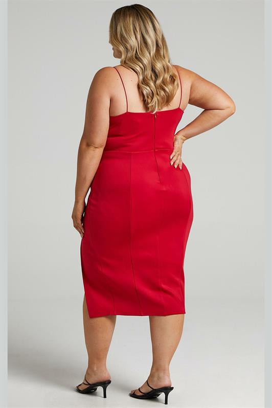 MDX Red V-Neck Satin Dress with Slit MG1742 - Mission Viejo