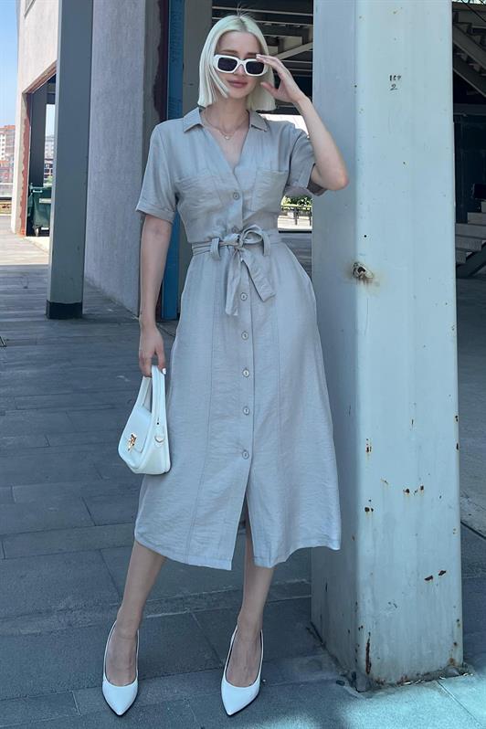 MDX Painted Gray Shirt Collar Pocket Detailed Buttoned Long Dress MG2083 - Kankakee