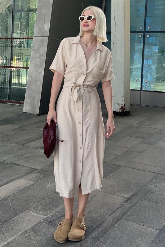 MDX Beige Shirt Collar Pocket Detailed Buttoned Long Dress MG2083 - Lamía