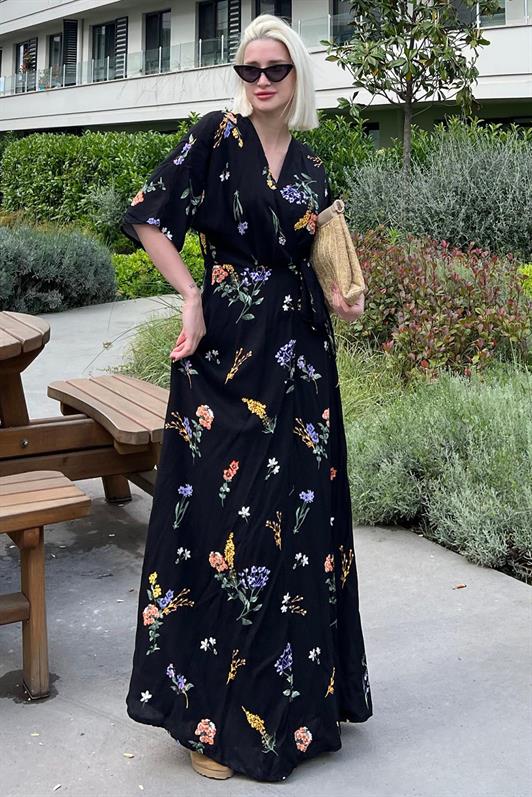 MDX Black Flower Patterned Slit Detailed Long Dress MG2116 - Zhytomyr