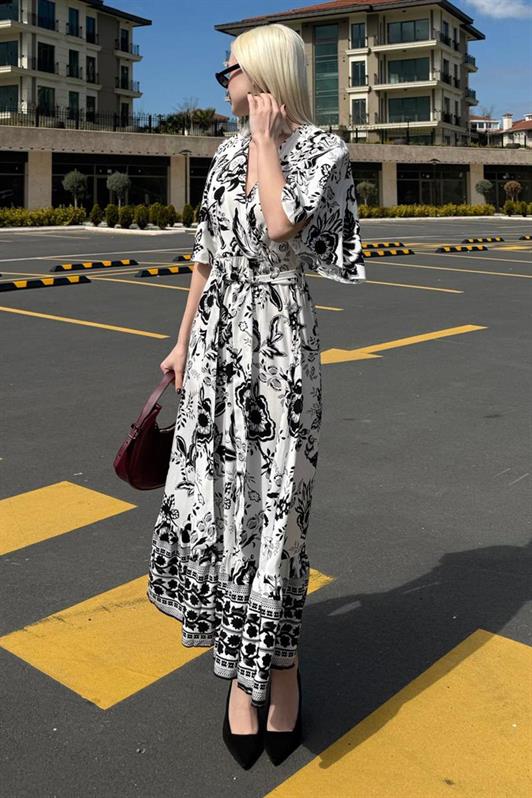 MDX Black Wrap Neck Patterned Women's Dress Mg2474 - Amsterdam