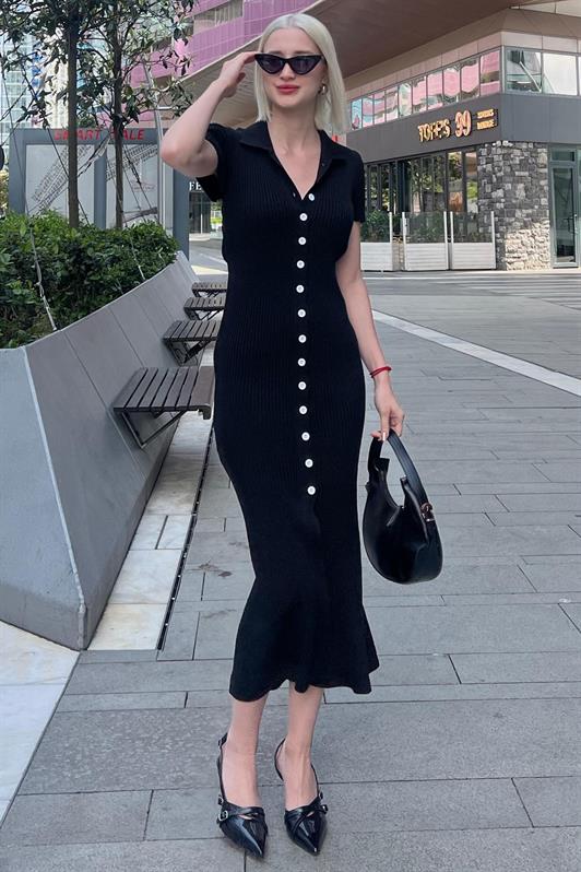 MDX Black Buttoned V-Neck Long Knit Dress MG2078 - Bayamón