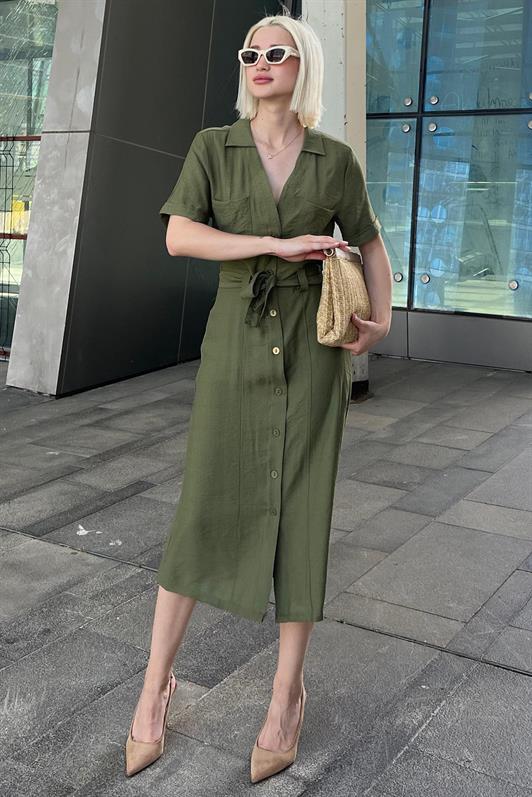 MDX Green Shirt Collar Pocket Detailed Buttoned Long Dress MG2083 - Torreón