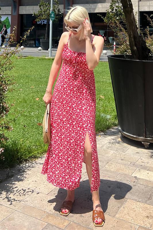 MDX Red Patterned Strappy Long Dress MG2025 - Rosenberg