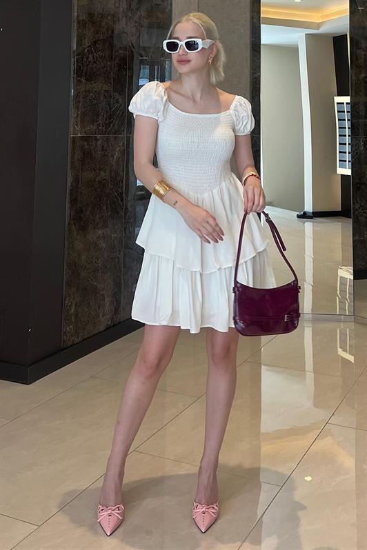 MDX White Tiered Skirt Dress with Gathered Waist MG2103 - Pomigliano d’Arco