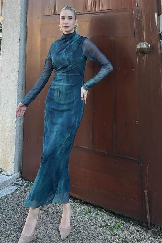 MDX Petrol Green Patterned Long Sleeve Tulle Dress MG2008 - Cholet
