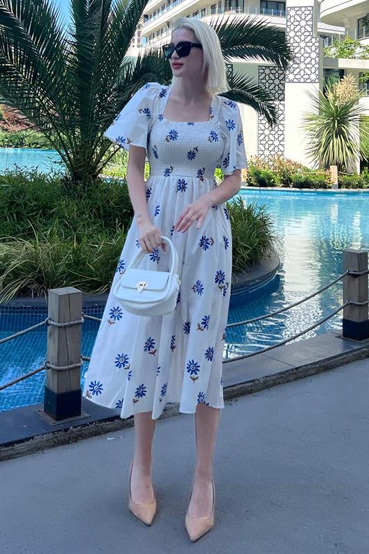 MDX Blue Patterned Elastic Waist Midi Dress - MG2101 - Southampton