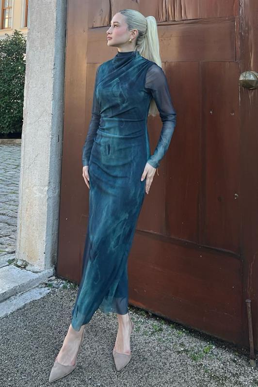 MDX Green Patterned Long Sleeve Tulle Dress MG2008 - Fort Wayne
