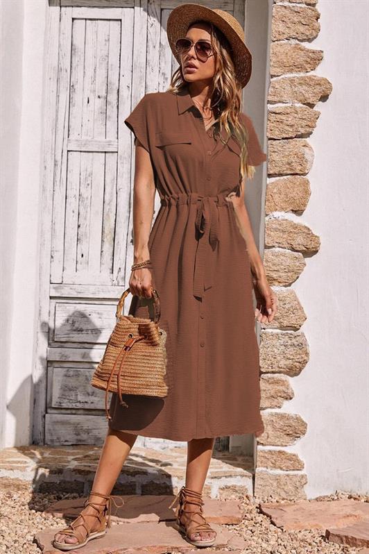 MDX Brown Shirt Collar Long Dress MG1743 - Pylaía