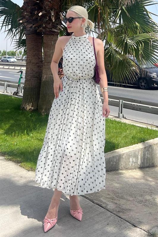 MDX Broken White Polka Dot Sleeveless Halter Neck Dress MG2134 - Constanţa