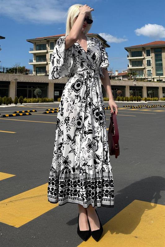 MDX Black Wrap Neck Patterned Women's Dress Mg2474 - Amsterdam