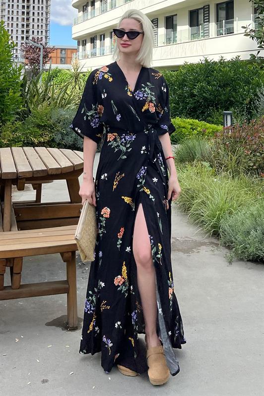MDX Black Flower Patterned Slit Detailed Long Dress MG2116 - Zhytomyr
