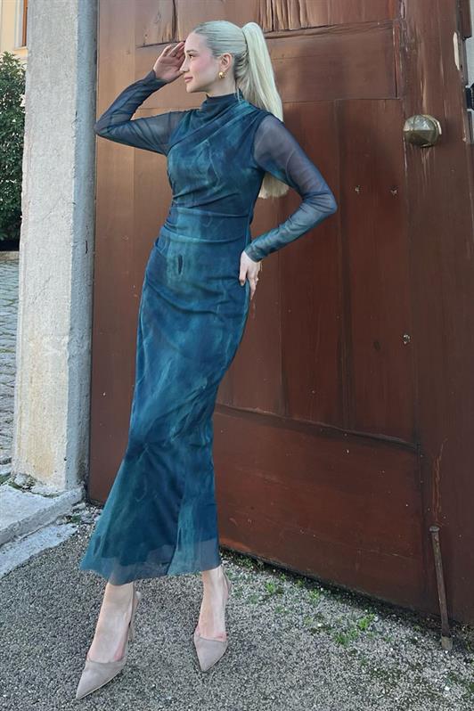 MDX Green Patterned Long Sleeve Tulle Dress MG2008 - Fort Wayne