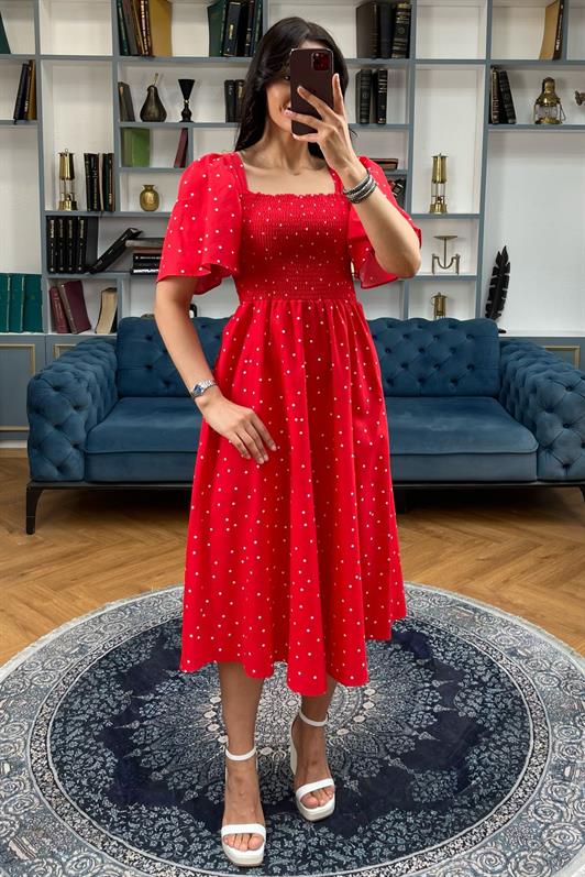 MDX Red Patterned High Waist Elastic Midi Dress - MG2101 - Ourém