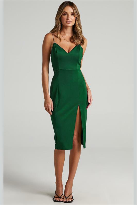 MDX Green V-Neck Split Satin Dress MG1742 - Manhattan