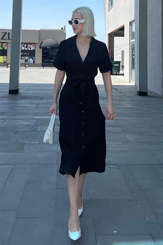 MDX Black Shirt Collar Pocket Detailed Buttoned Long Dress MG2083 - Gori