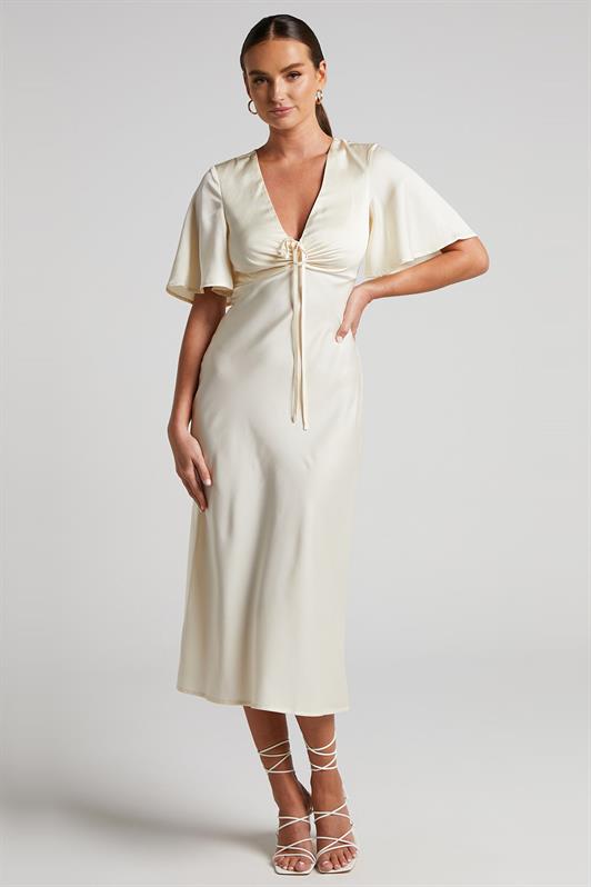 MDX Beige Midi Length Short Sleeve Satin Dress MG2013 - Long Beach