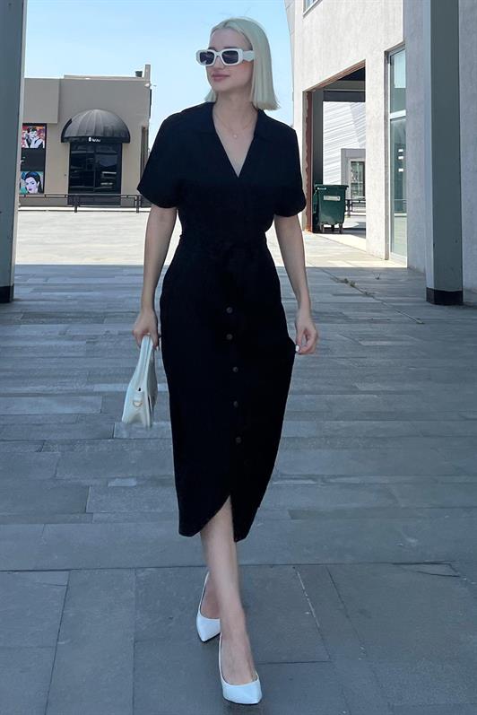 MDX Black Shirt Collar Pocket Detailed Buttoned Long Dress MG2083 - Gori