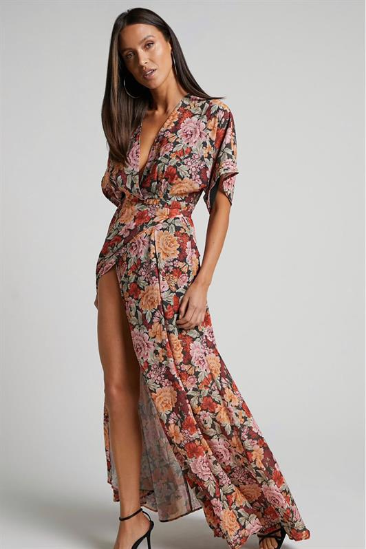 MDX Tile Flower Patterned Slit Detailed Long Dress MG2116 - Hillsborough