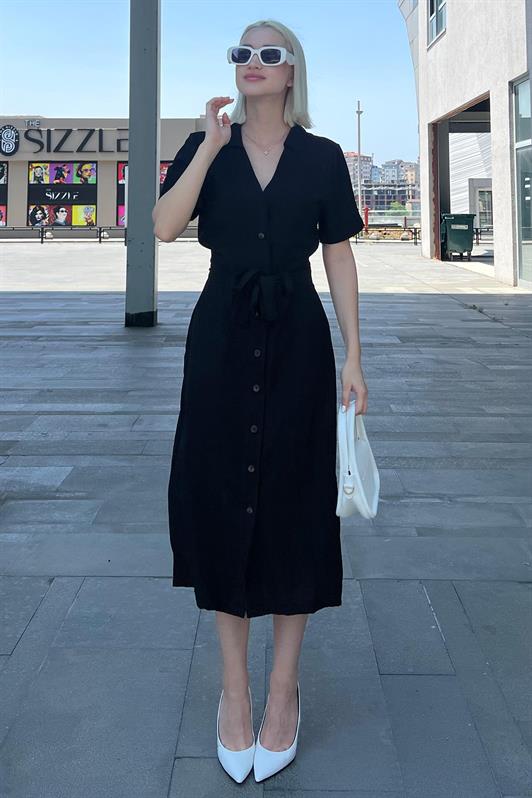 MDX Black Shirt Collar Pocket Detailed Buttoned Long Dress MG2083 - Gori