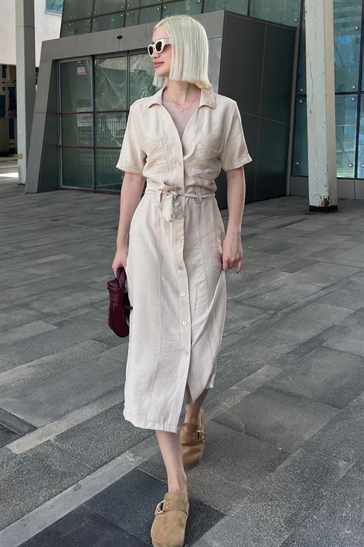 MDX Beige Shirt Collar Pocket Detailed Buttoned Long Dress MG2083 - Lamía