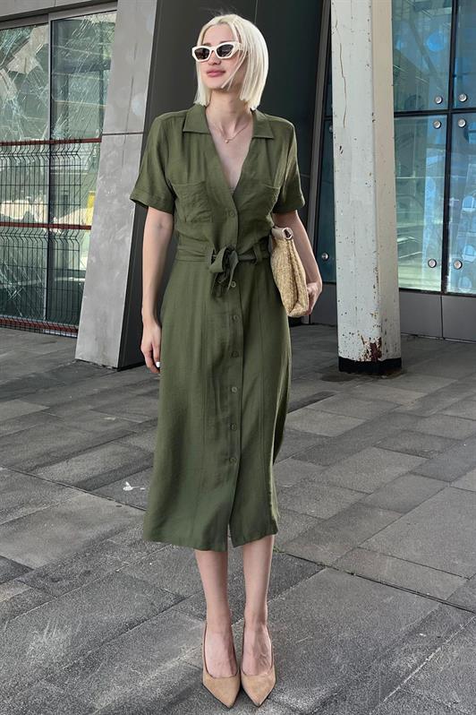 MDX Green Shirt Collar Pocket Detailed Buttoned Long Dress MG2083 - Torreón
