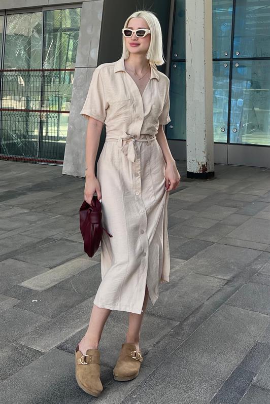 MDX Beige Shirt Collar Pocket Detailed Buttoned Long Dress MG2083 - Lamía
