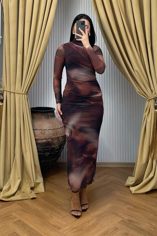 MDX Brown Patterned Long Sleeve Tulle Dress MG2008 - Viareggio