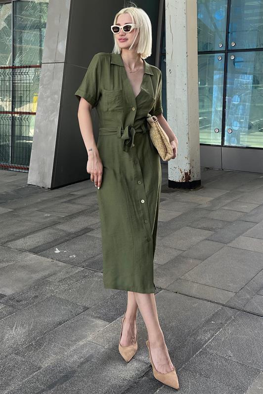 MDX Green Shirt Collar Pocket Detailed Buttoned Long Dress MG2083 - Torreón