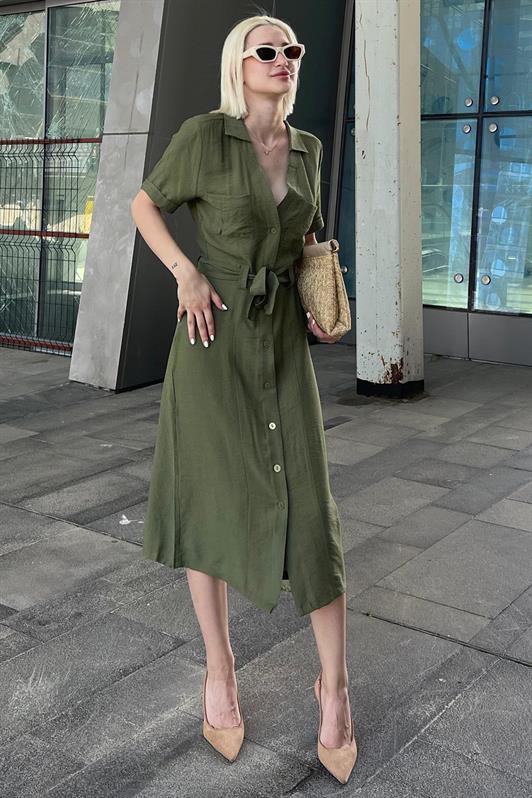 MDX Green Shirt Collar Pocket Detailed Buttoned Long Dress MG2083 - Torreón