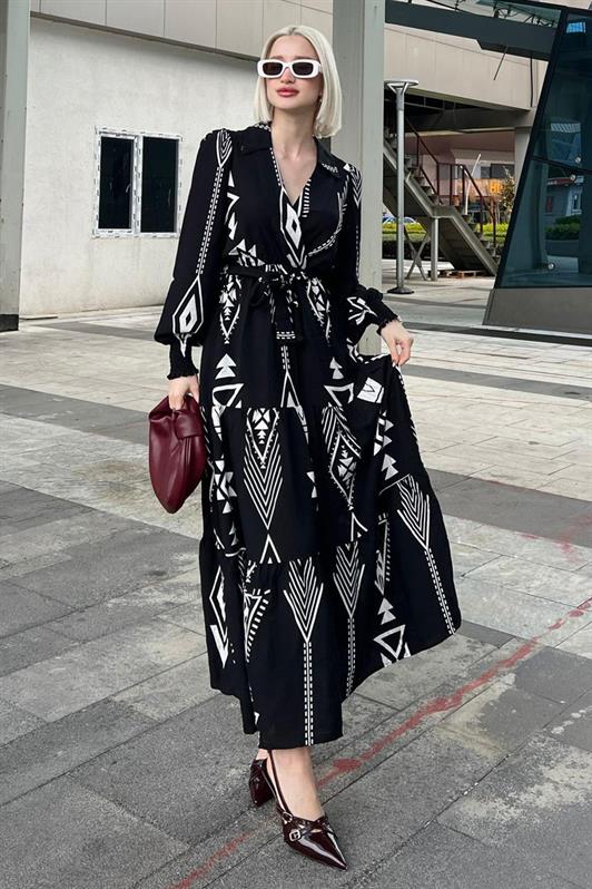 MDX Siyah/Beyaz Desenli Kruvaze Yaka Uzun Kadın Elbise MG2052 - Montauban