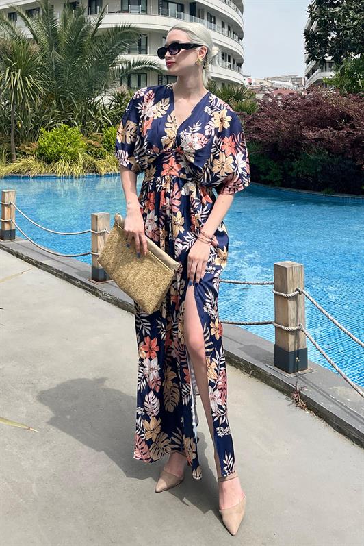 MDX Indigo Patterned Slit Detail Long Dress MG1698 - Hückelhoven
