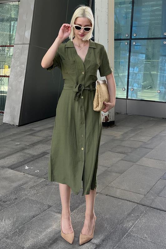 MDX Green Shirt Collar Pocket Detailed Buttoned Long Dress MG2083 - Torreón