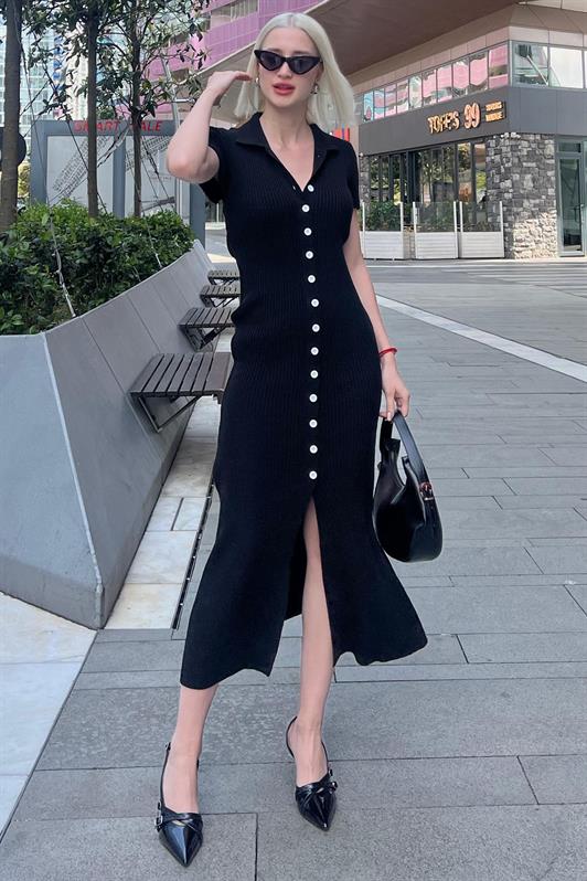 MDX Black Buttoned V-Neck Long Knit Dress MG2078 - Bayamón