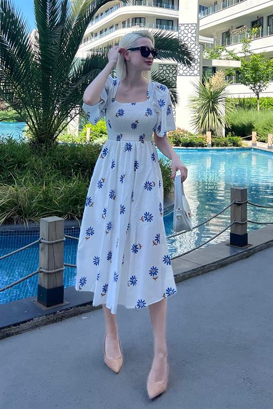 MDX Blue Patterned Elastic Waist Midi Dress - MG2101 - Southampton