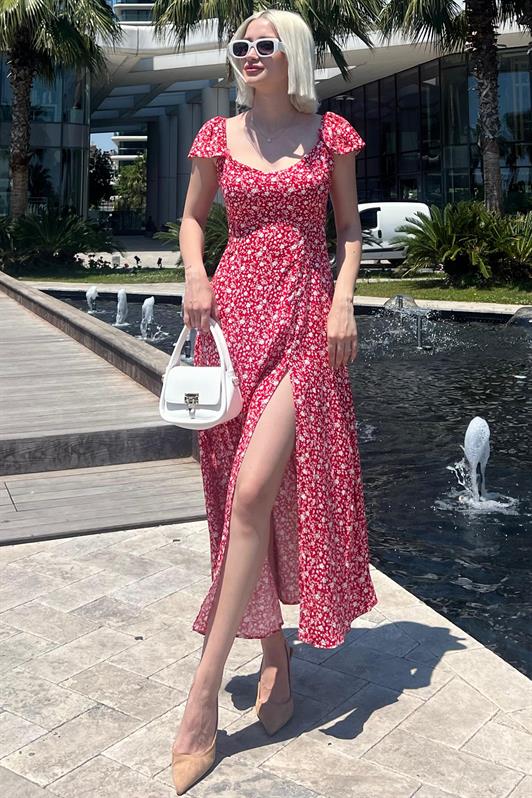 MDX Red Patterned Slit Long Dress MG2004 - Kenton