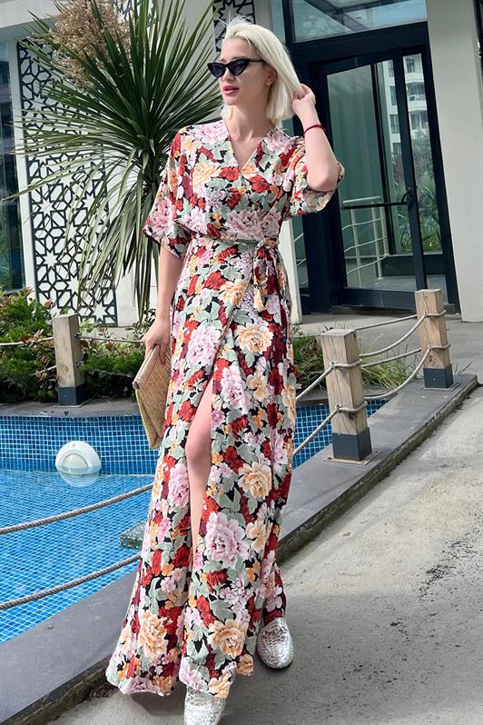 MDX Tile Flower Patterned Slit Detailed Long Dress MG2116 - Hillsborough