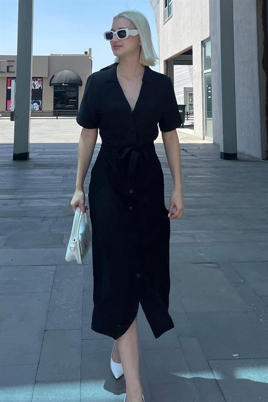 MDX Black Shirt Collar Pocket Detailed Buttoned Long Dress MG2083 - Gori