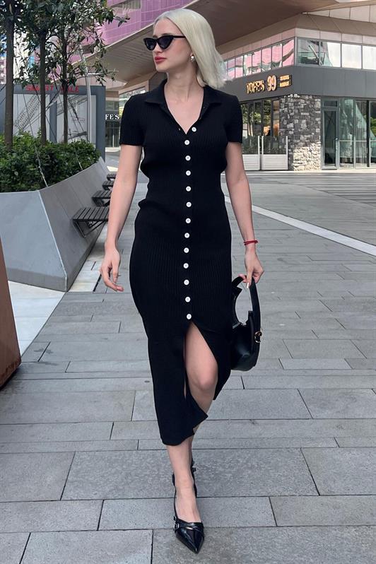 MDX Black Buttoned V-Neck Long Knit Dress MG2078 - Bayamón