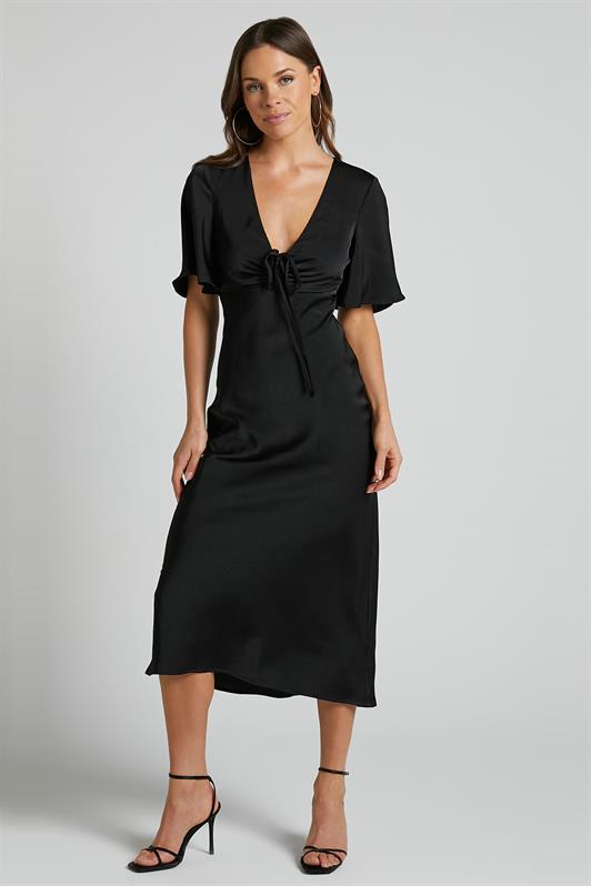 MDX Black Midi Length Short Sleeve Satin Dress MG2013 - Orlando