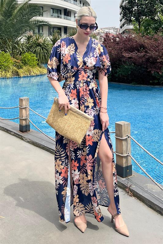 MDX Indigo Patterned Slit Detail Long Dress MG1698 - Hückelhoven