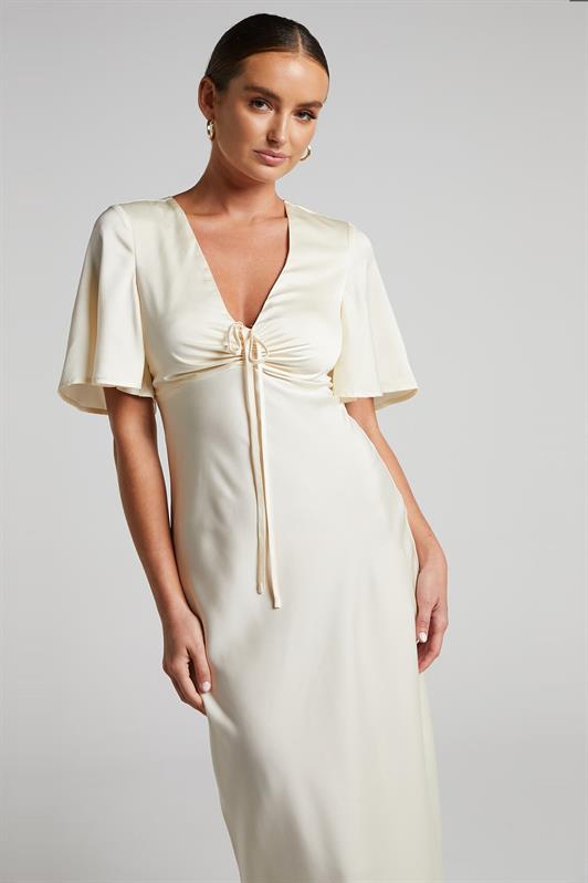 MDX Beige Midi Length Short Sleeve Satin Dress MG2013 - Long Beach