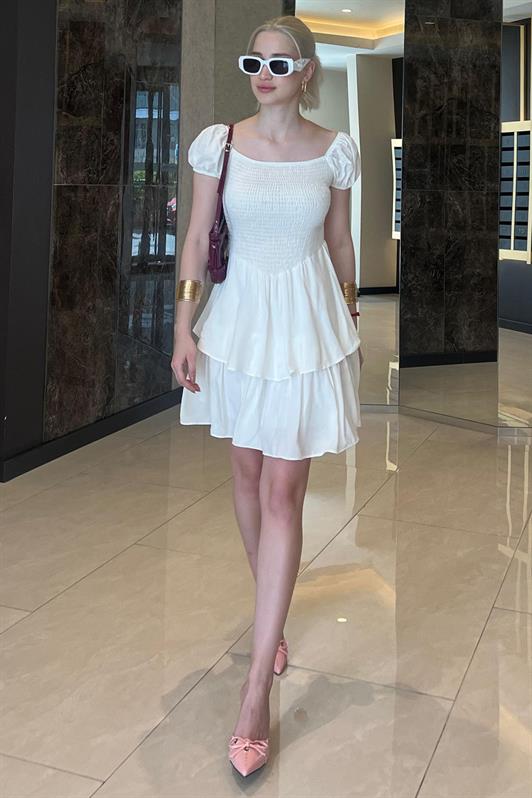 MDX White Tiered Skirt Dress with Gathered Waist MG2103 - Pomigliano d’Arco