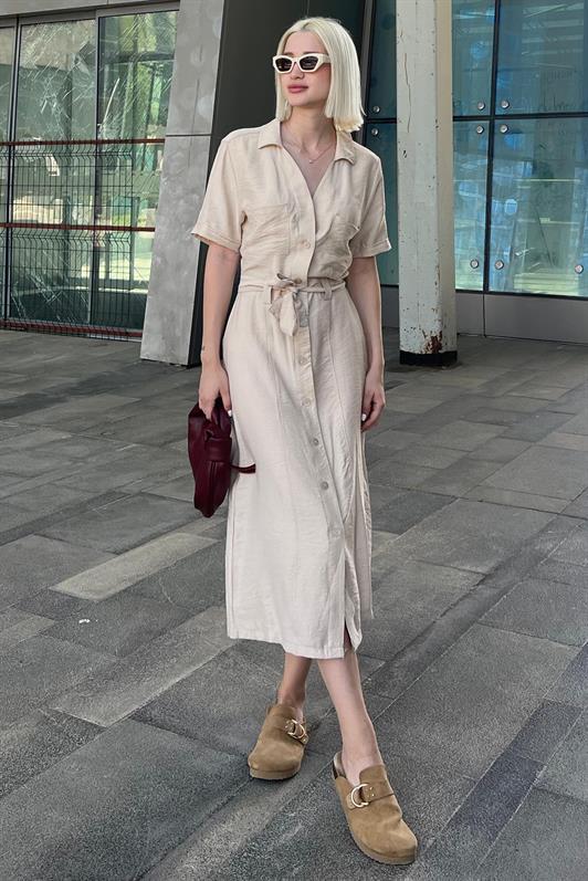 MDX Beige Shirt Collar Pocket Detailed Buttoned Long Dress MG2083 - Lamía