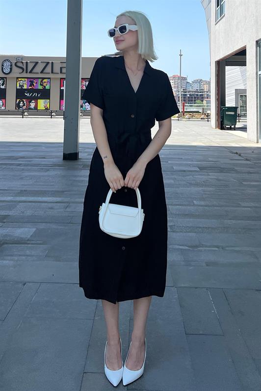 MDX Black Shirt Collar Pocket Detailed Buttoned Long Dress MG2083 - Gori