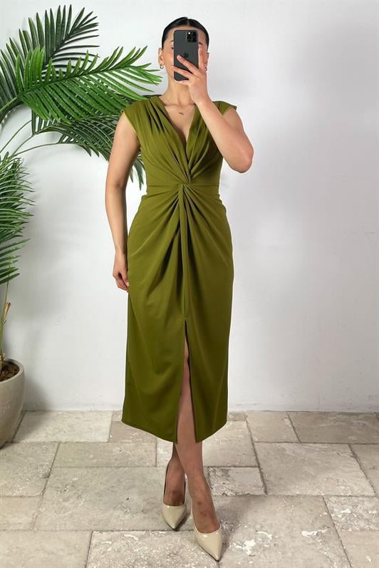 MDX Oil Green Slit Detailed Double Breasted Collar Women's Dress Mg2417 - Viareggio