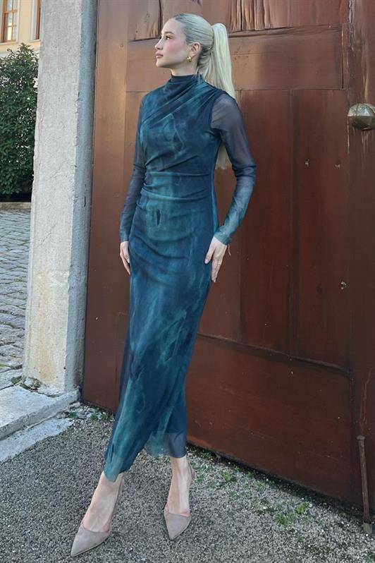 MDX Petrol Green Patterned Long Sleeve Tulle Dress MG2008 - Cholet